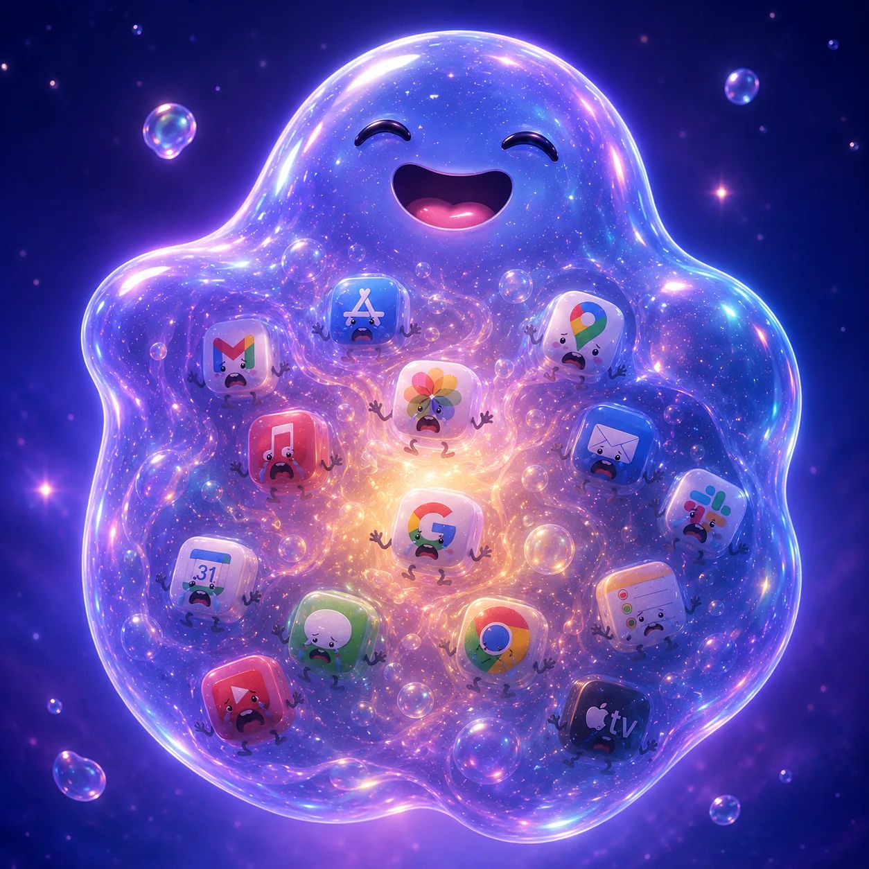 A glowing Goobits blob holding apps in a playful cosmic space